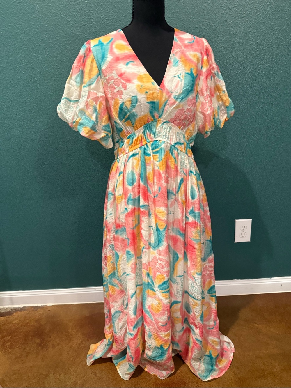 entro Pastel Floral V-Neck Maxi Dress in Coral, Teal & Yellow